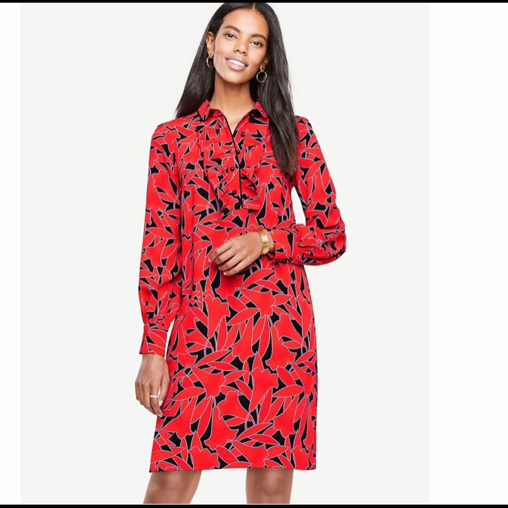 Ann Taylor Red Flower Ruffle Silky Dress